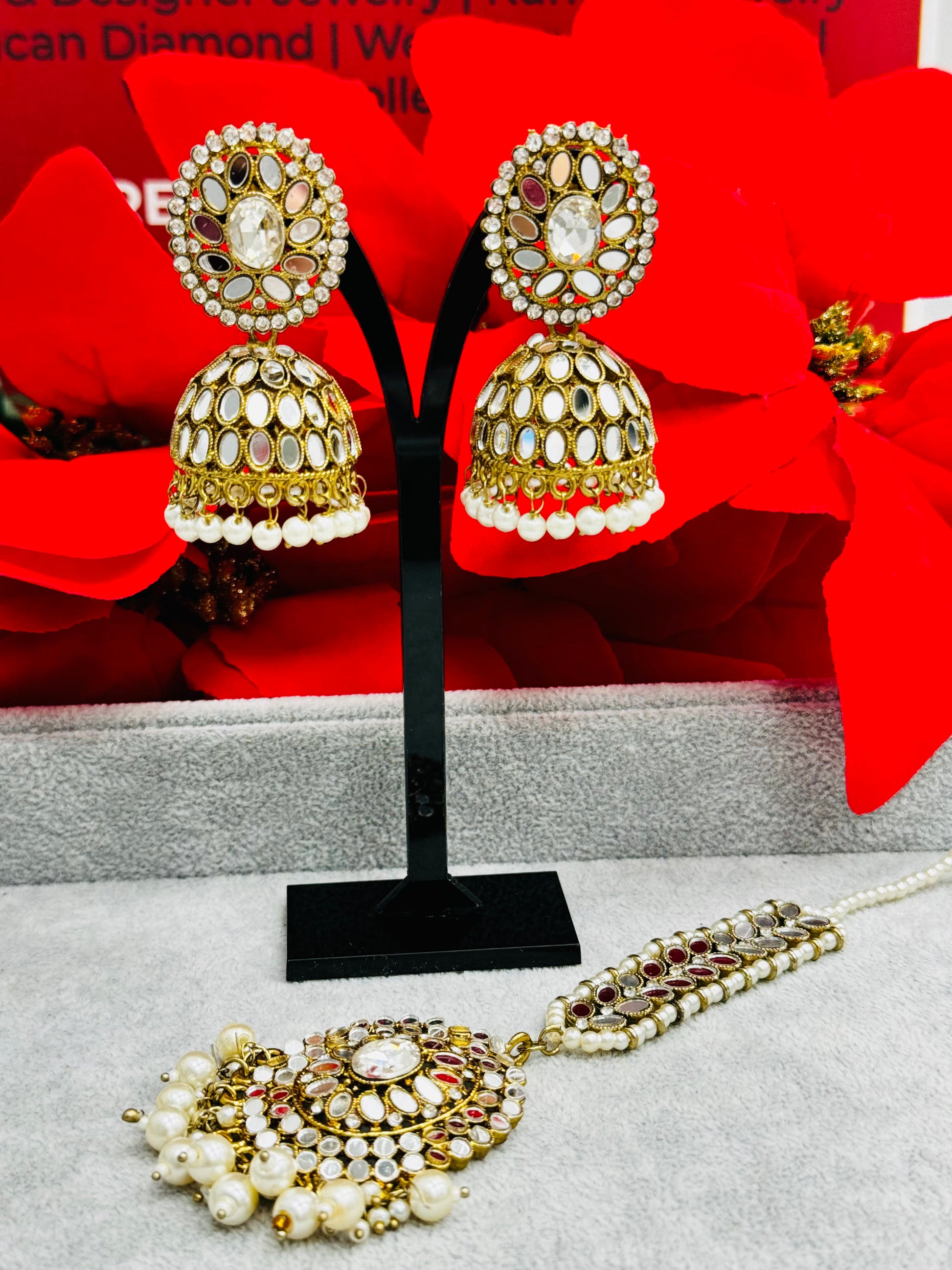 Reflective Splendor: Mirror Jhumki & Tikka Set by Creative Jewels