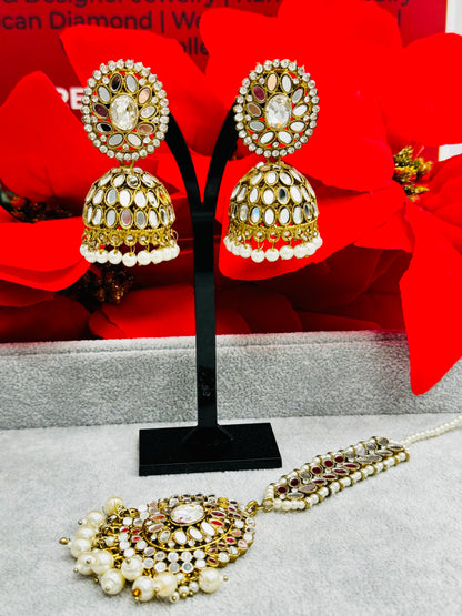 Reflective Splendor: Mirror Jhumki & Tikka Set by Creative Jewels