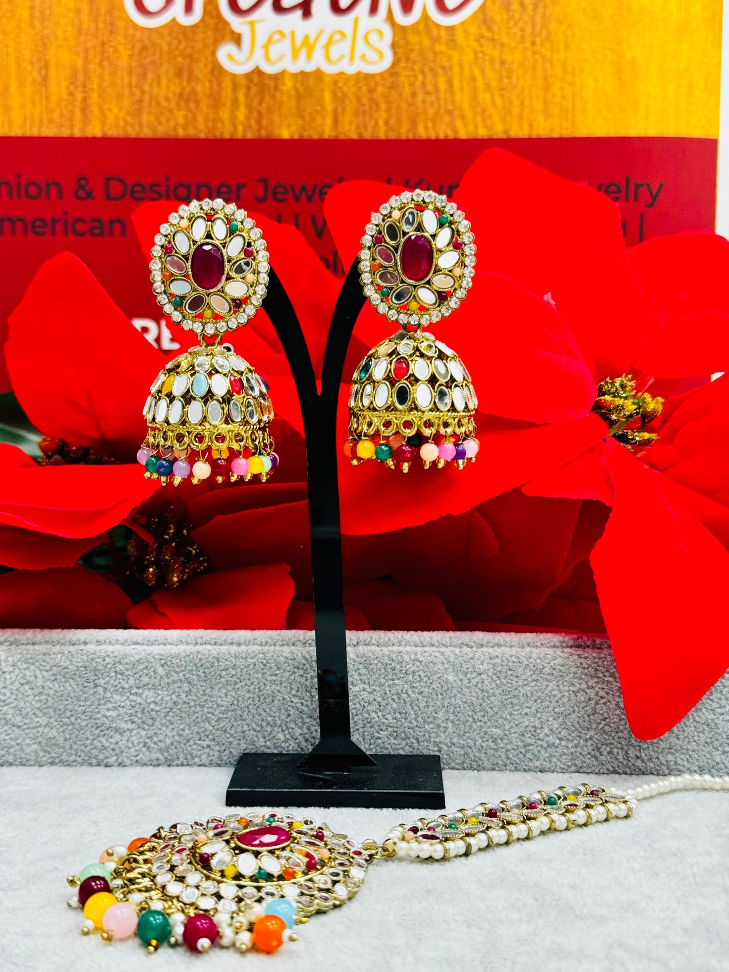 Reflective Splendor: Mirror Jhumki & Tikka Set by Creative Jewels