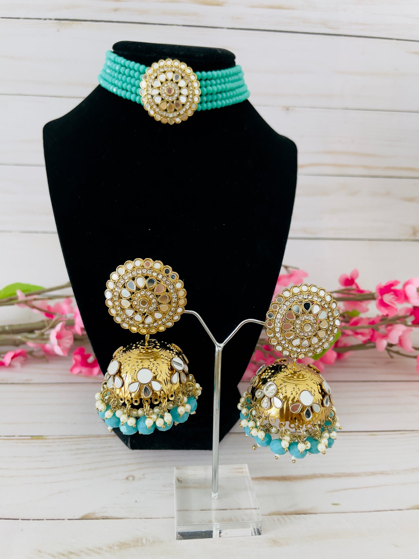 Reflective Elegance: Mirror Choker Set with Jhumkas by Creative Jewels