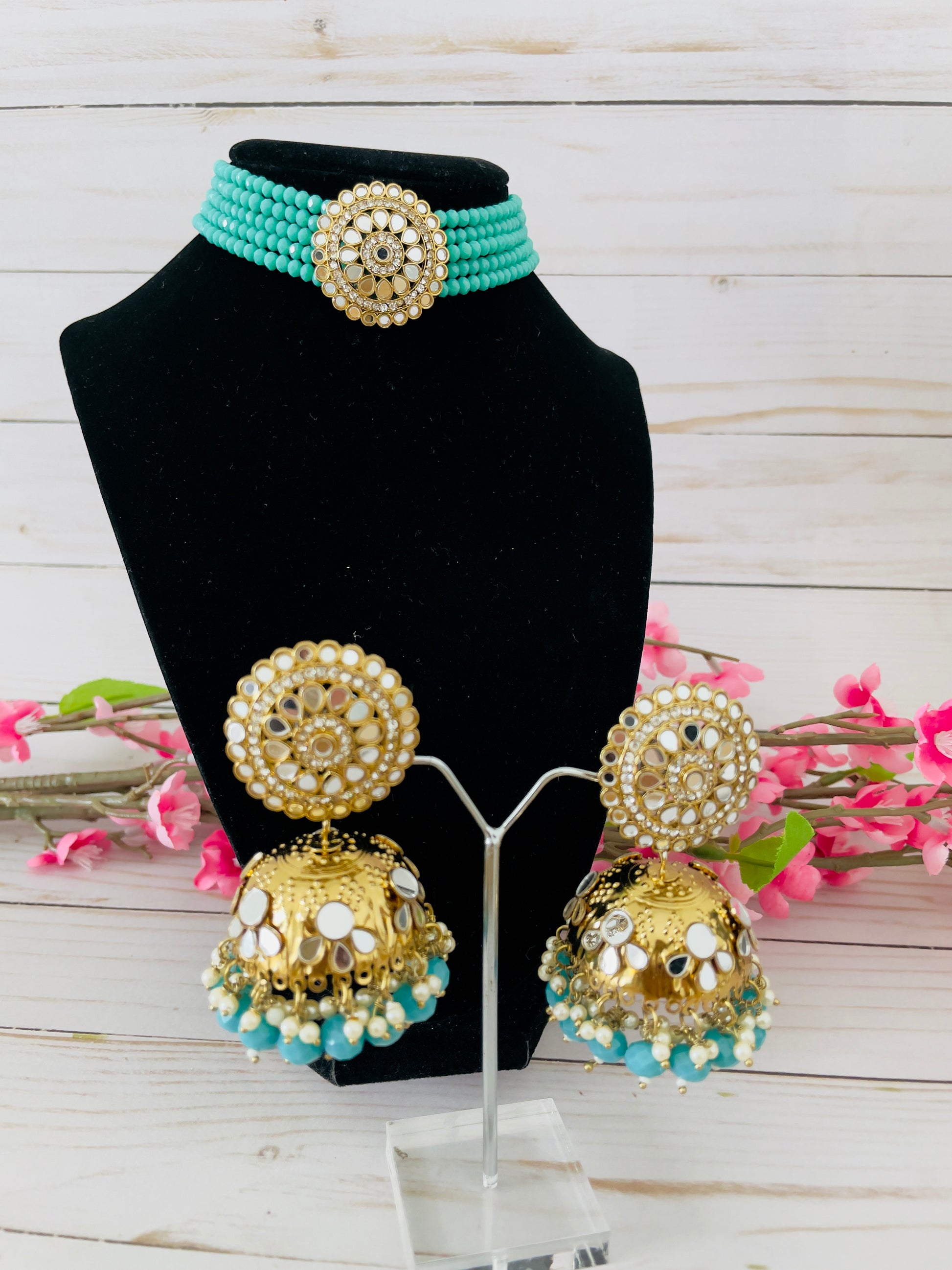 Reflective Elegance: Mirror Choker Set with Jhumkas by Creative Jewels