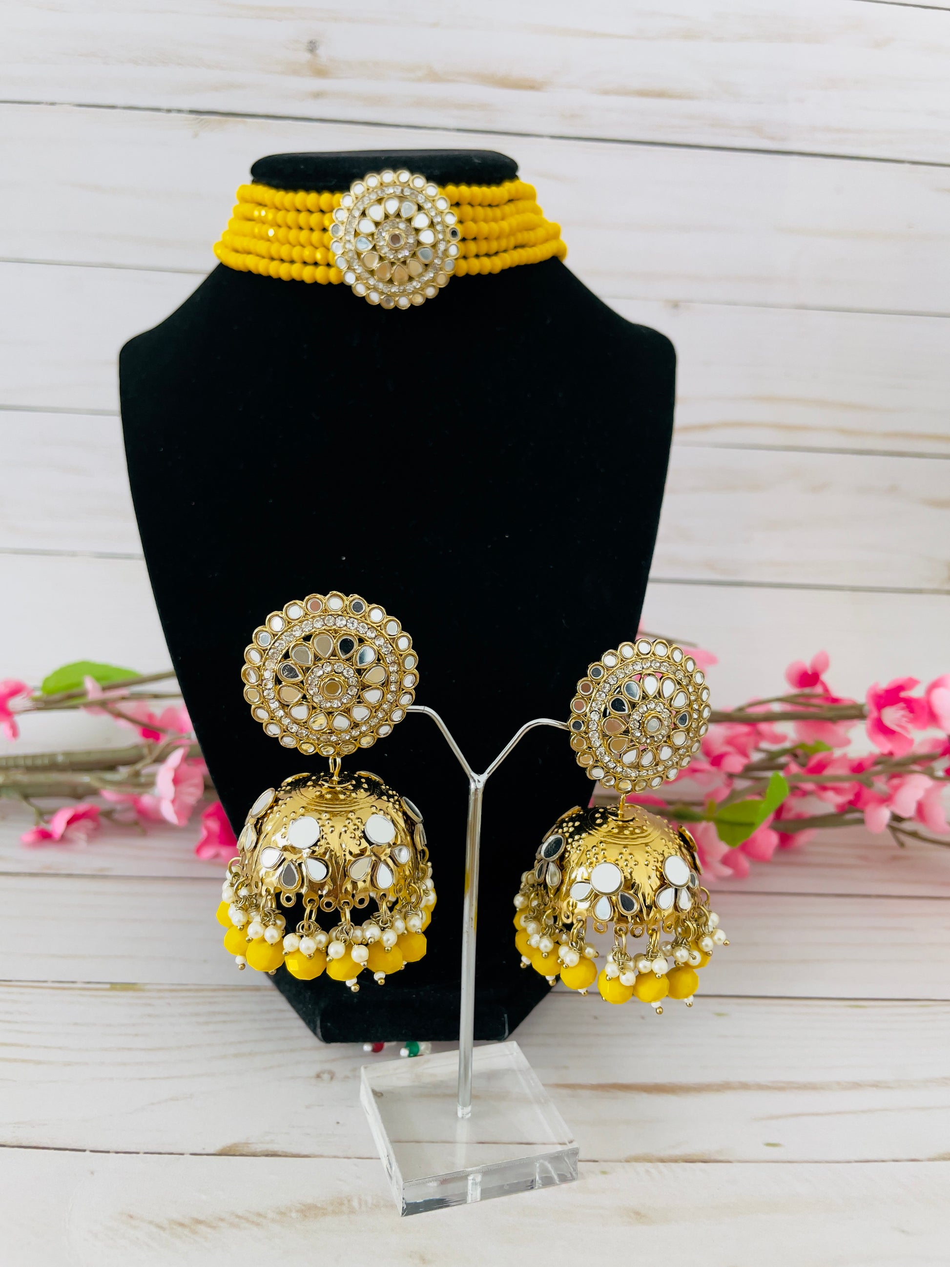 Reflective Elegance: Mirror Choker Set with Jhumkas by Creative Jewels