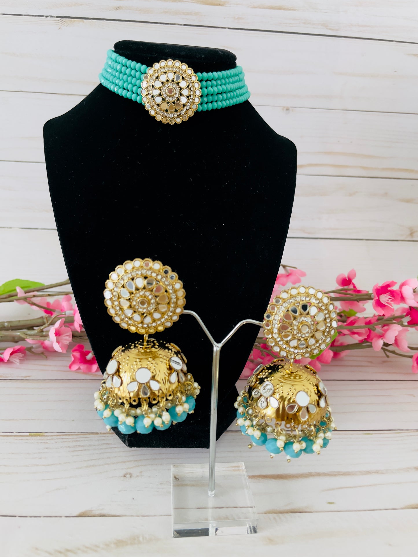 Reflective Elegance: Mirror Choker Set with Jhumkas by Creative Jewels